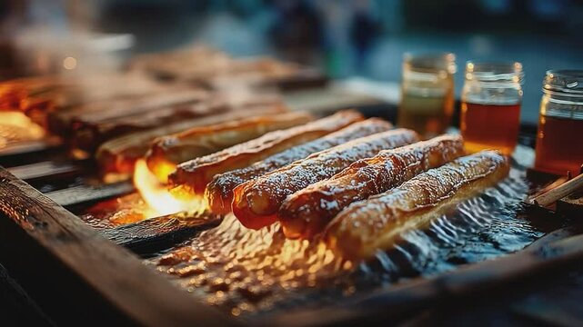 Grilled Sausage Delight: A culinary close-up showcasing rows of succulent sausages grilling over an open flame, with the mesmerizing dance of smoke and heat that creates irresistible aroma.