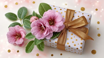 A beautifully wrapped gift adorned with pink flowers and greenery, perfect for celebrations and special occasions.