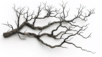 Obraz premium A dry tree branch, stark and isolated against a pure white background. This simple yet evocative image can be used in various nature - themed projects, such as environmental awareness campaigns, 