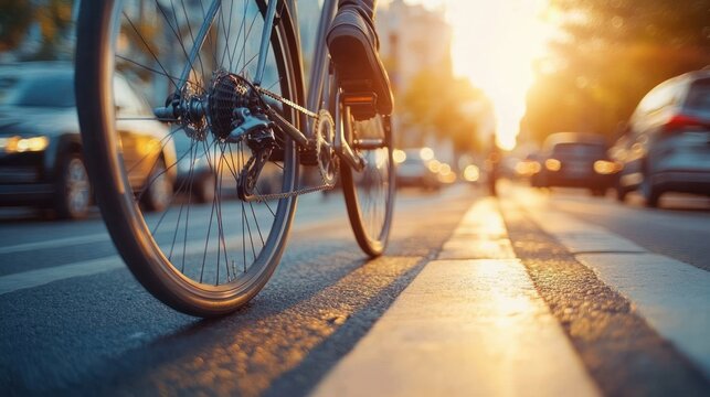 Close-up of a bicycle wheel and pedal in motion on a city street at sunset with blurred cars and warm glowing light creating a dynamic and energetic urban scene