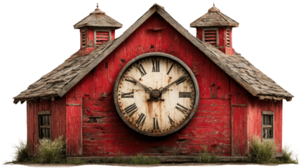 Rustic Red Barn Clock: A weathered red barn with cupola features a large, antique clock face, creating a charming and nostalgic scene.