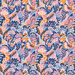 Vibrant retro paisley seamless pattern with intricate floral details. A 70s-inspired design in pink, orange, and blue on a navy background. Ideal for boho fashion, textiles, and bold stationery
