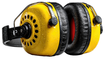 Earmuffs for Safety: Close-up showcasing yellow safety earmuffs, essential protective gear for construction site.