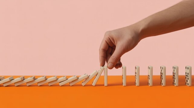 Hand setting off domino chain reaction on orange and pink background