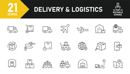 Delivery and Logistics line icon set. Set of 21 outline icons related to shipping, delivery, logistics, truck, container, parcel box and others. Editable stroke. Vector illustration.