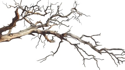 Fototapeta premium A dry tree branch, stark and isolated against a pure white background. This simple yet evocative image can be used in various nature - themed projects, such as environmental awareness campaigns, 
