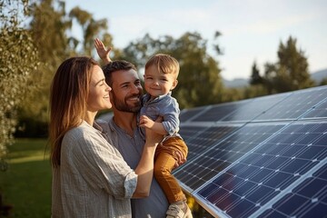 Happy family with smiling parents holding toddler near solar panels outdoors on a sunny day