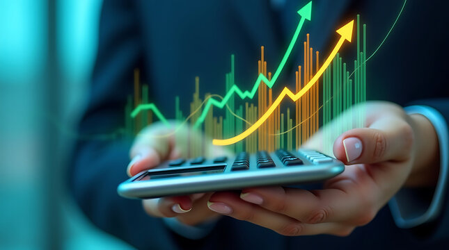 Businesswoman holding calculator with glowing upward financial graph and data visualization