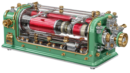 Intricate Industrial Engine: A detailed shot of a complex machine, revealing the inner workings with metallic components and a glass casing, showcasing precision engineering and a timeless design.