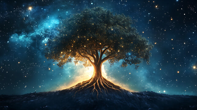 A celestial tree with roots in the Earth and branches in the stars, symbolizing connection and growth.