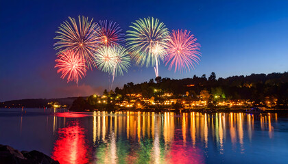 Illuminating Celebration: A vibrant display of fireworks erupts over the serene water, with lights reflecting across the tranquil surface. The night sky bursts with color.