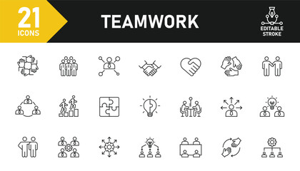 Teamwork line icon set. Set of 21 outline icons related to collaboration, cooperation, partnership,  employee, teamwork, work group, management and others. Editable stroke. Vector illustration.