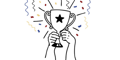 Hand-Drawn Doodle Illustration of Hands Holding a Trophy with Confetti for Victory.
