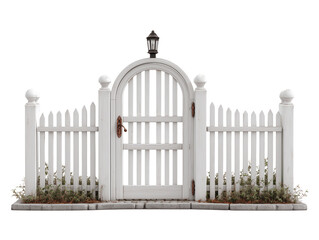Fototapeta premium A pristine white picket fence, adorned with an arched gate and charming lamp
