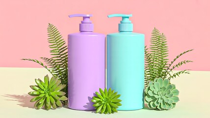 Colorful pump cosmetic bottles with green succulents on pastel background for skincare branding
