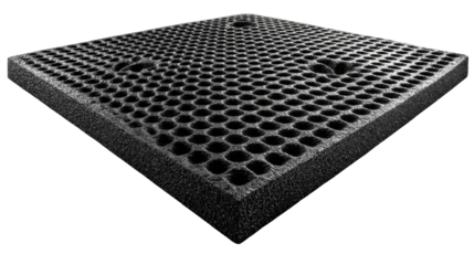 Industrial Grid Design: An overhead perspective presents a black industrial grid with intricate honeycomb detailing, emphasizing structural integrity.