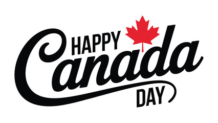 Happy Canada Day text with red maple leaf symbol on white background, celebrating Canadian national holiday with festive typography