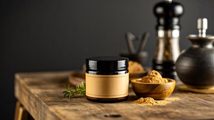 Spice jar on rustic wooden table with ground seasoning and cooking herbs in kitchen setting
