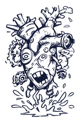 Unique Hand-Drawn Illustration of a Whimsical Mechanical Heart Design