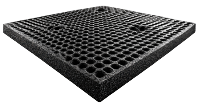 Industrial Grid Design: An overhead perspective presents a black industrial grid with intricate honeycomb detailing, emphasizing structural integrity.
