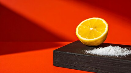 Half lemon and salt on black wooden board with bold red background in modern food concept

