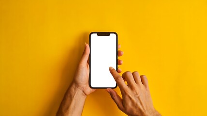 Hands holding and touching smartphone with blank screen on yellow background for mobile app display
