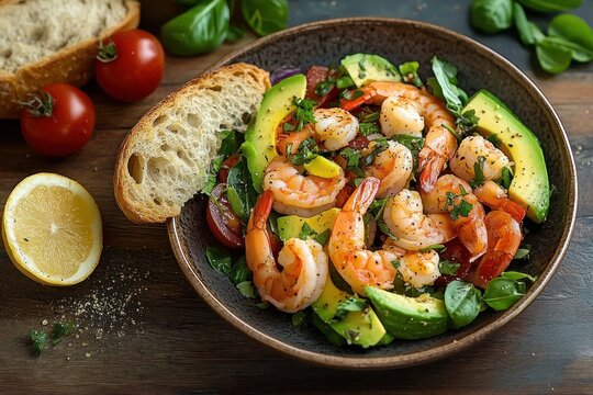Fresh shrimp salad with avocado slices, cherry tomatoes, leafy greens, and lemon served with crusty bread on a wooden table