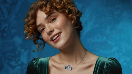 Young caucasian female with curly hair in green dress smiling against blue background