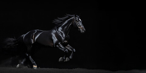 Full length black horse on black background with copy space