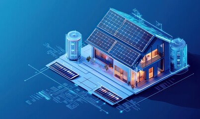 Isometric representation of a smart home with solar panels and energy storage.