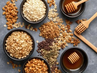 Healthy brown buckwheat porridge with milk and nuts in a bowl, a nutritious organic cereal grain