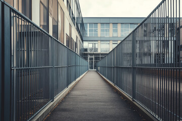 Prison walk with fences and modern building view
