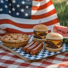 American Celebration Burgers Hotdogs Pie and Watermelon Picnic