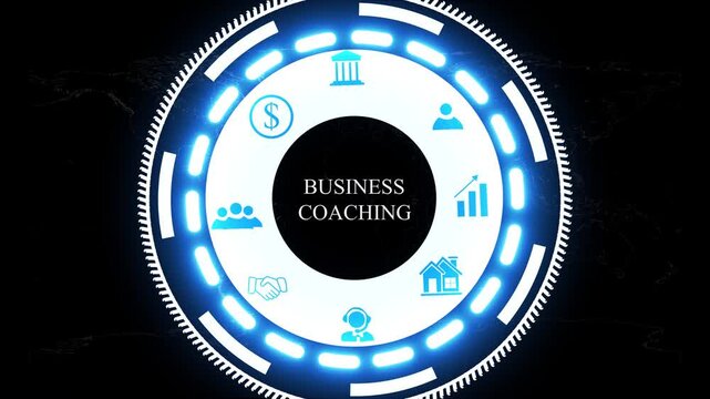 A Business Coaching Business concept on a futuristic ,Blue wave digital data flow. Seamless loop technology network background concept . Futuristic digital technology animated background concept.