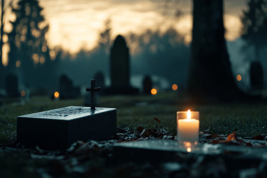 gravestone with a cross and a candle in a cemetery with copy space