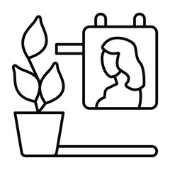 Flower pot with picture of girl thin line icon, exhibition concept. Vector graphics. Woman wall portrait and pot with plant sign on white background, style mobile or design.