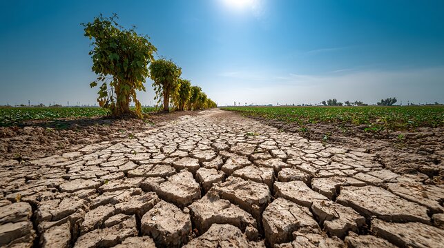 A severe drought affecting farmland, with cracked earth and wilted crops under a scorching sun. .
