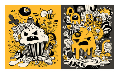 Fototapeta premium Whimsical Doodle of Cupcake and Abstract Characters on Vibrant Background