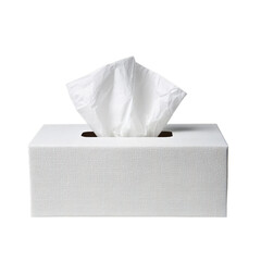 Rectangular tissue box with one sheet pulled. Isolated white background. Png format