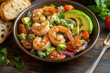 Fresh shrimp salad with avocado slices, cherry tomatoes, red onions, herbs in a brown bowl with toasted bread on wooden table