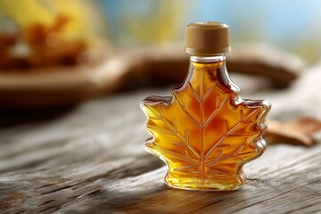 A beautifully crafted maple syrup bottle shaped like a leaf, showcasing its rich amber color on a rustic wooden table.