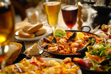 table with paella with sea food and glass of sangria in bar