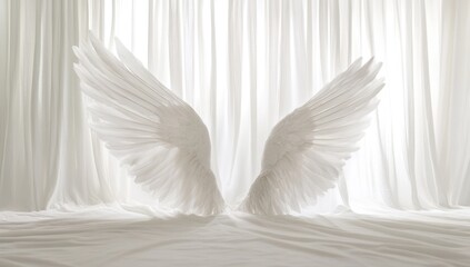 Fototapeta premium Pair of white angel wings against sheer curtains.