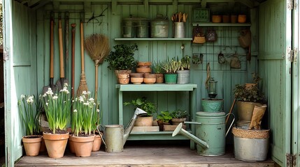 A tidy garden shed with neatly hung gardening tools and organized pots, A small, sunlit space with plants ready for gardening .