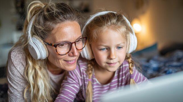 Mother and daughter bonding while attending remote class with headphones.