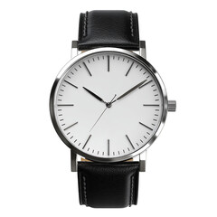 Simple wristwatch with black leather band. Isolated white background. Png format