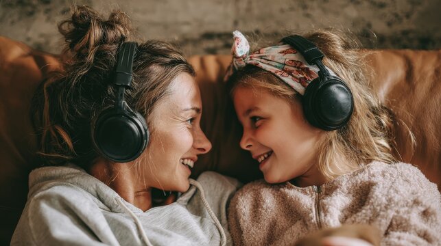Mother and daughter bonding while attending remote class with headphones.