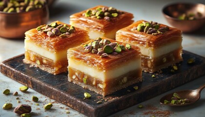 Close-up of four layered square pistachio dessert pieces on a dark rectangular tray with scattered pistachio nuts and copper bowls in the background