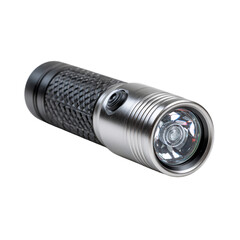 Small LED flashlight with rubber grip. Isolated white background. Png format