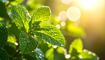 Macro shot of peppermint leaves in natural light, dewdrops visible on leaf surface